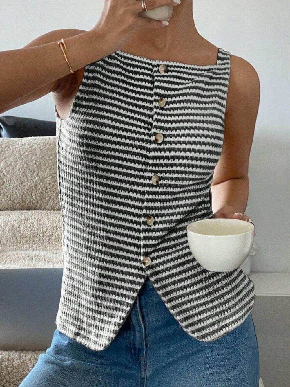 Button Down Striped Tank - Trendsi - Flyclothing LLC