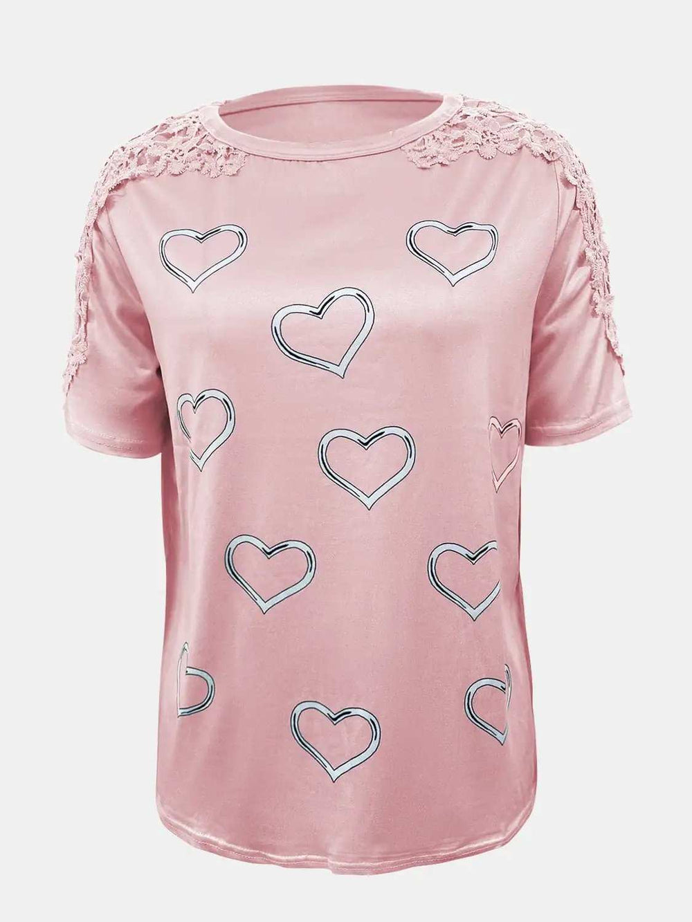 Full Size Lace Detail Heart Round Neck Short Sleeve Top - Trendsi - Flyclothing LLC