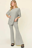 Double Take Full Size Round Neck Drop Shoulder T-Shirt and Flare Pants Set - Trendsi - Flyclothing LLC