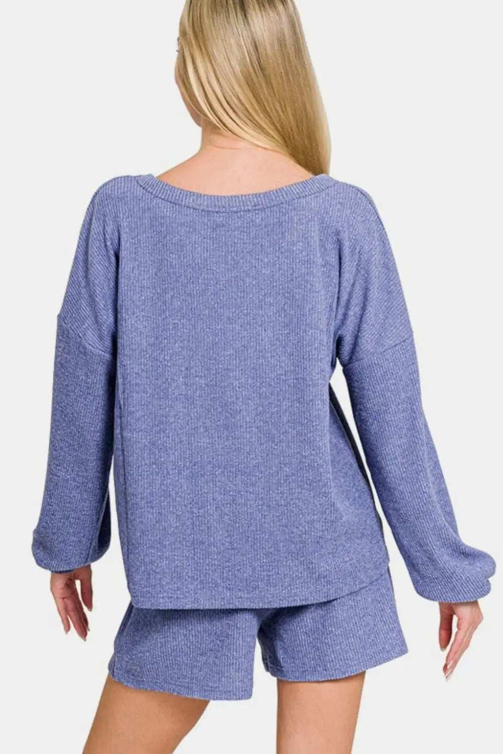 Zenana V-Neck Long Sleeve Ribbed Top and Shorts Set - Trendsi - Flyclothing LLC