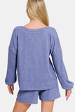 Zenana V-Neck Long Sleeve Ribbed Top and Shorts Set - Trendsi - Flyclothing LLC