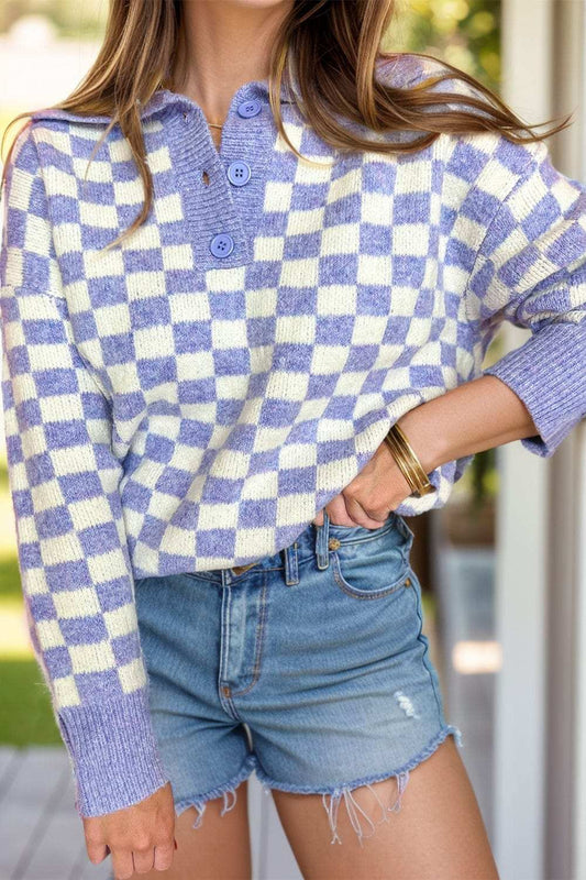 Plus Size Checkered Collared Neck Long Sleeve Sweater - Trendsi - Flyclothing LLC
