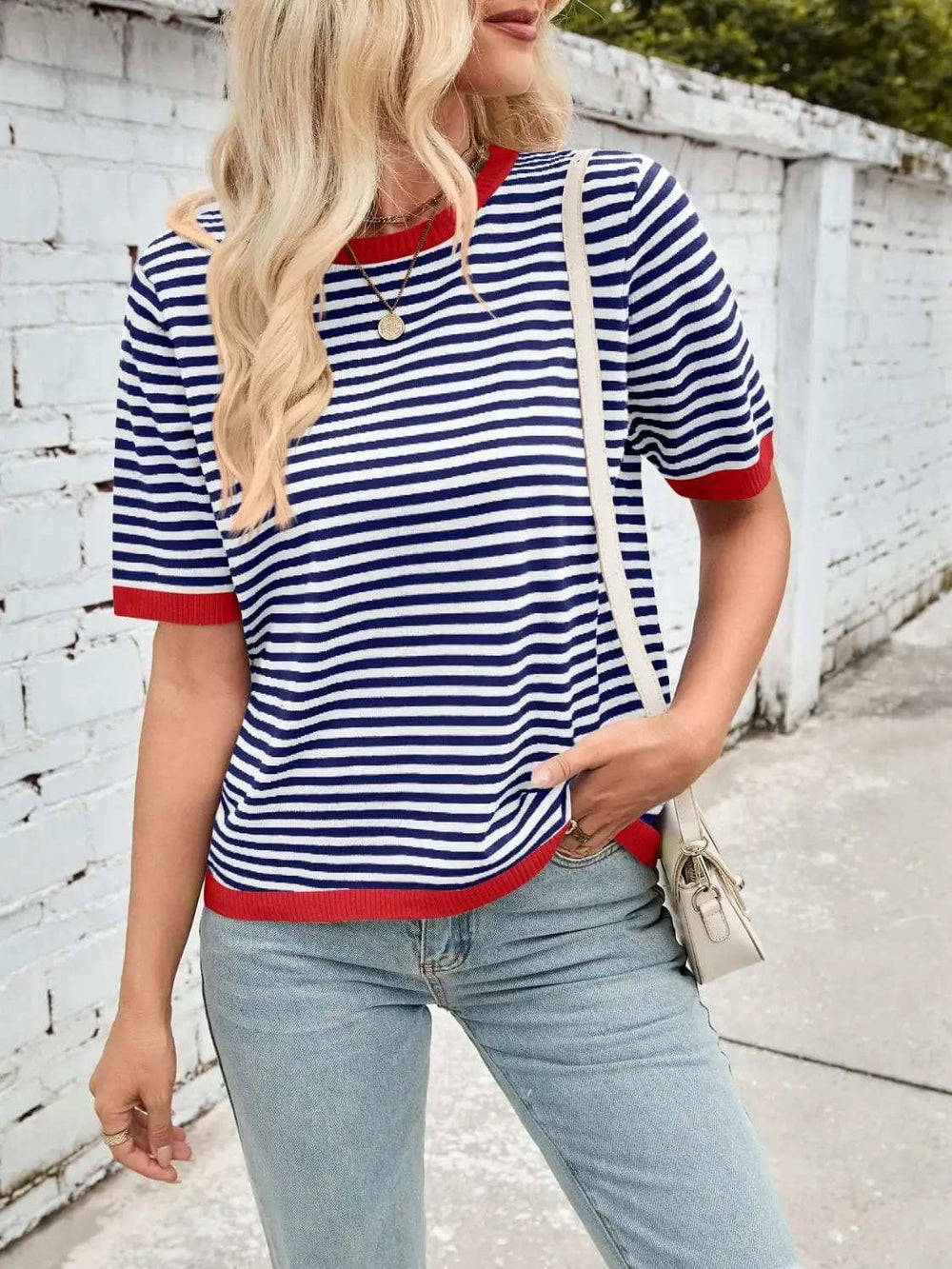 Lovelet Striped Contrast Round Neck Half Sleeve Knit Top - Trendsi - Flyclothing LLC