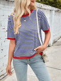 Lovelet Striped Contrast Round Neck Half Sleeve Knit Top - Trendsi - Flyclothing LLC
