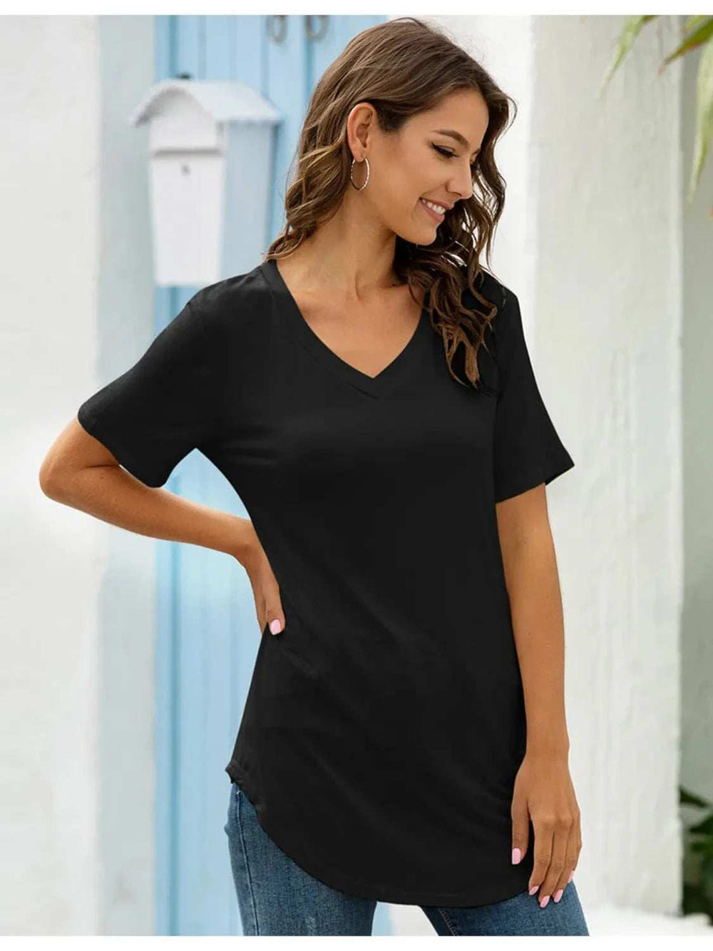 Full Size Solid V-Neck Short Sleeve T-Shirt Plus Size - Trendsi - Flyclothing LLC