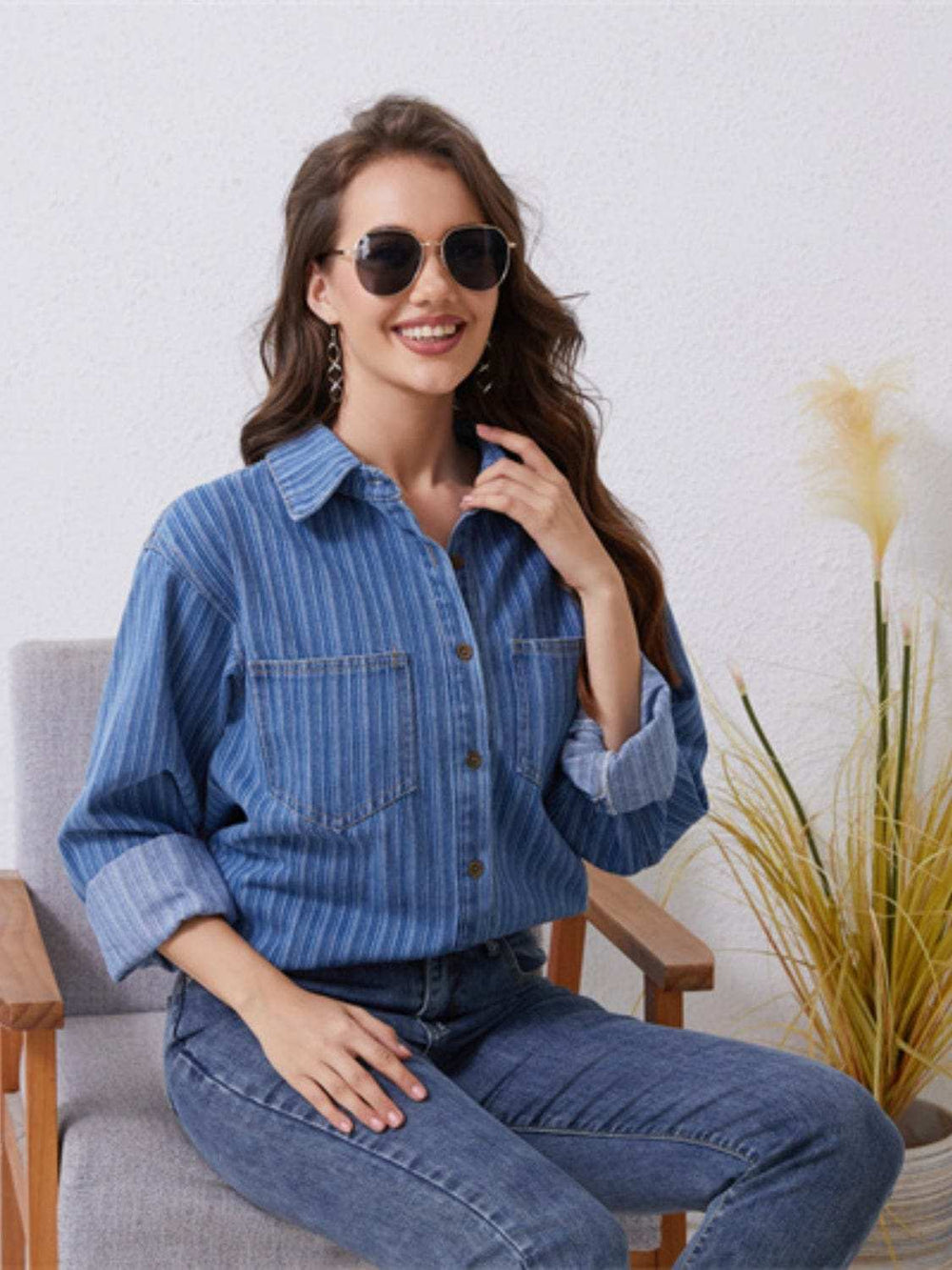 Pocketed Striped Button Up Denim Shirt - Trendsi - Flyclothing LLC