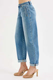 RISEN Full Size Mid Rise Fit Barrel Roll Up Jeans Plus Size - Trendsi - Flyclothing LLC