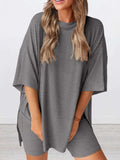 Full Size Oversized Slit Round Neck Top and Shorts Lounge Set Plus Size - Trendsi - Flyclothing LLC