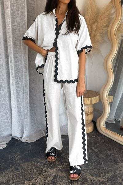 Contrast Trim Half Sleeve Top and Pants Set - Trendsi - Flyclothing LLC