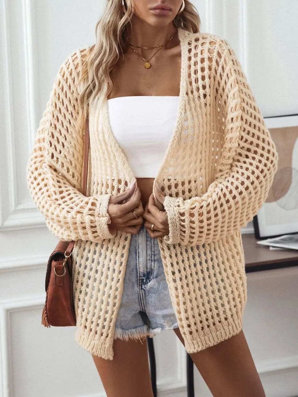 Openwork Open Front Long Sleeve Cardigan - Trendsi - Flyclothing LLC