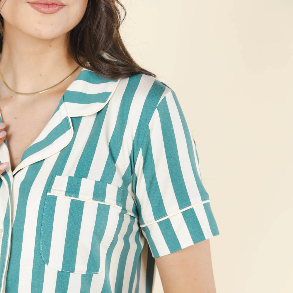 The Nantucket | Green Dock Stripe SleepDeep™ Button Down Short Pajama Set - Shinesty - Flyclothing LLC