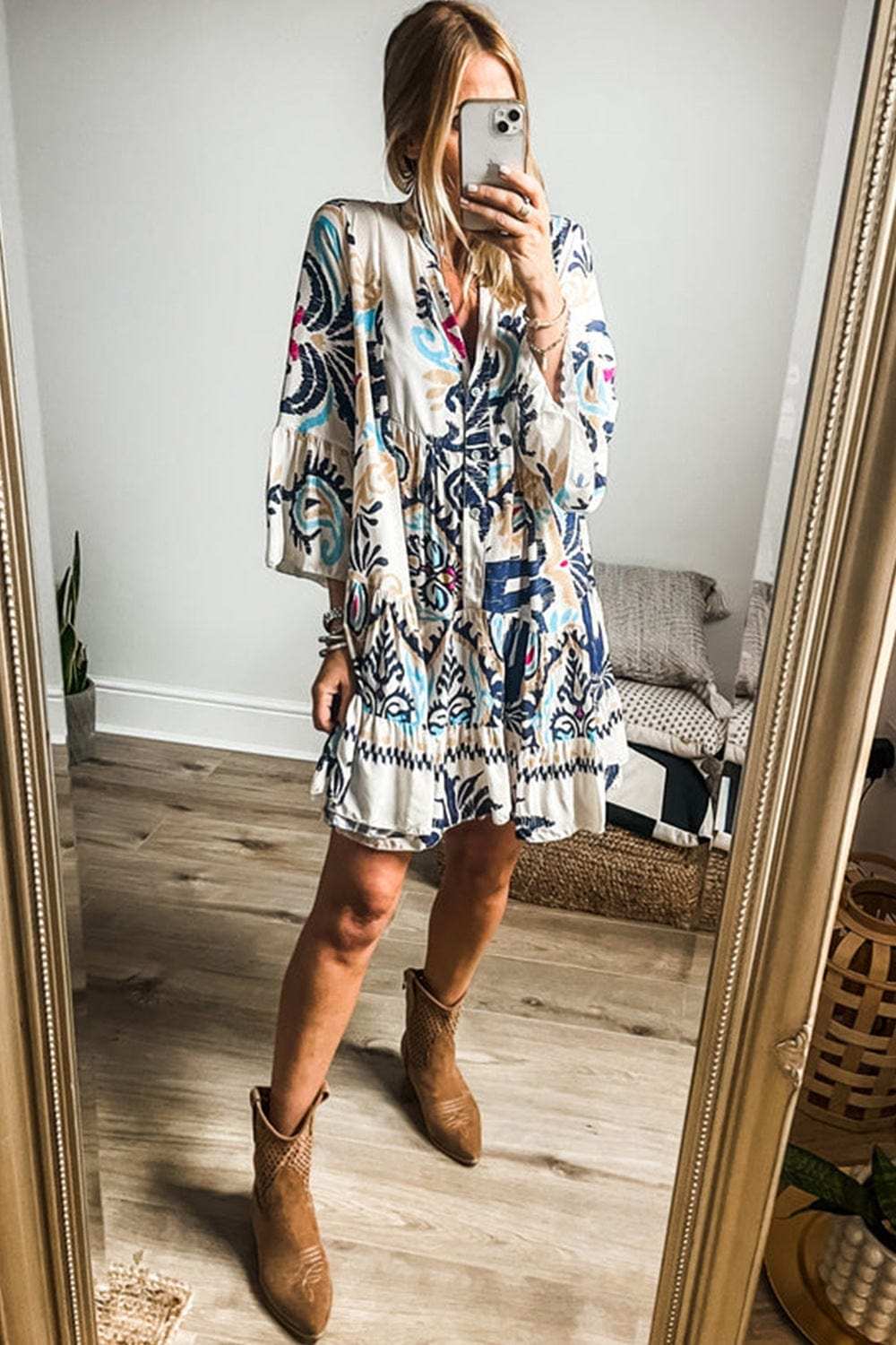 Printed Notched Three-Quarter Sleeve Mini Dress - Trendsi - Flyclothing LLC