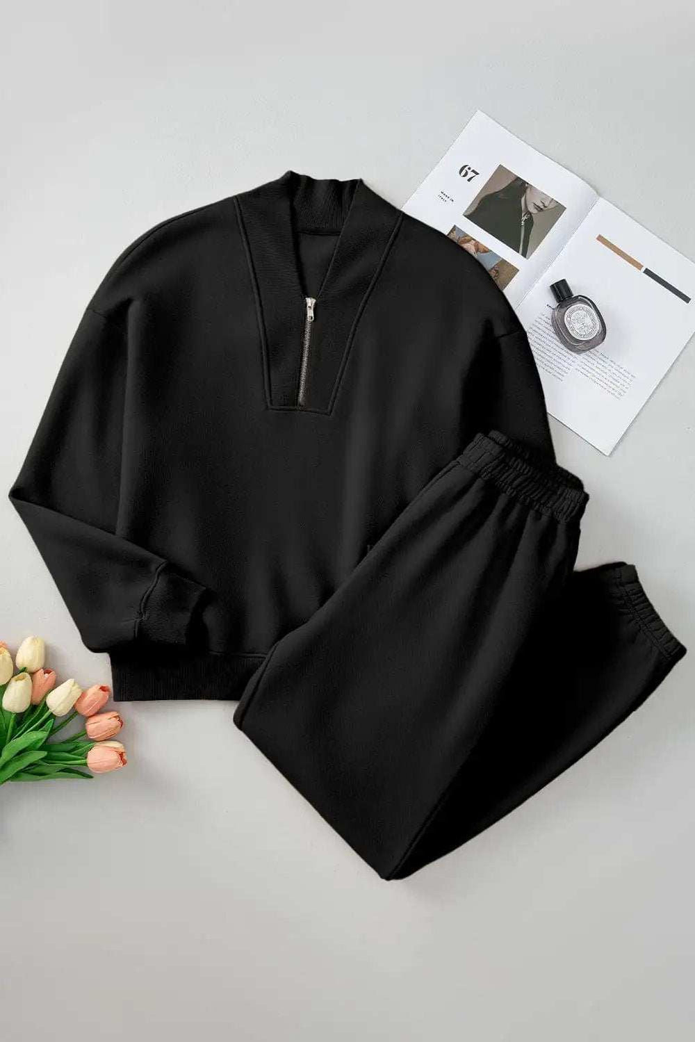 Quarter Zip Long Sleeve Top and Pants Set - Trendsi - Flyclothing LLC