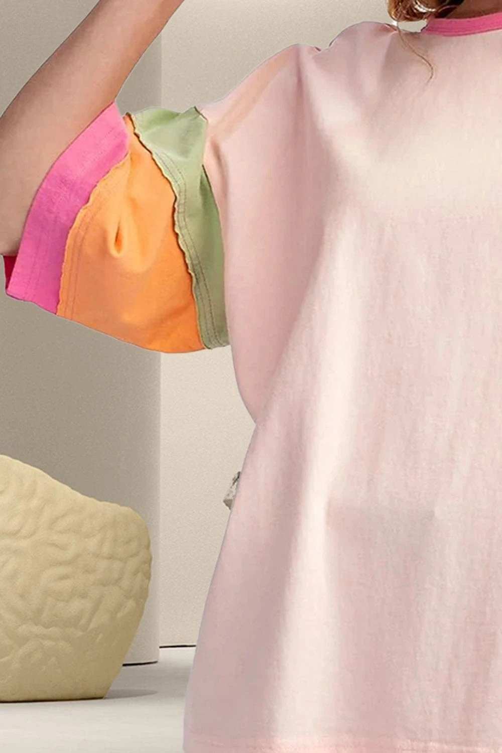 Color Block Round Neck Half Sleeve T-Shirt - Trendsi - Flyclothing LLC