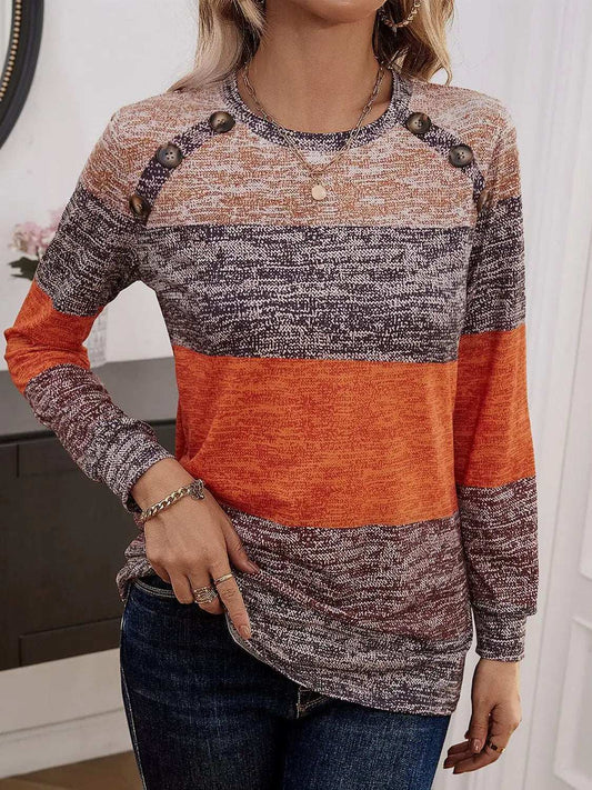 Decorative Button Contrast Round Neck Long Sleeve T-Shirt - Trendsi - Flyclothing LLC