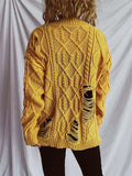 Distressed Cable-Knit Round Neck Long Sleeve Sweater - Trendsi - Flyclothing LLC