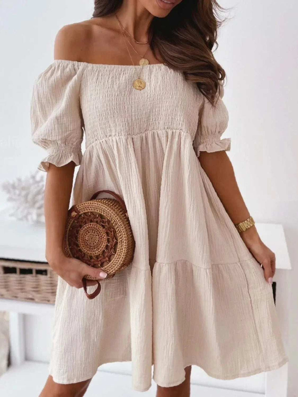 Smocked Off-Shoulder Mini Dress - Trendsi - Flyclothing LLC