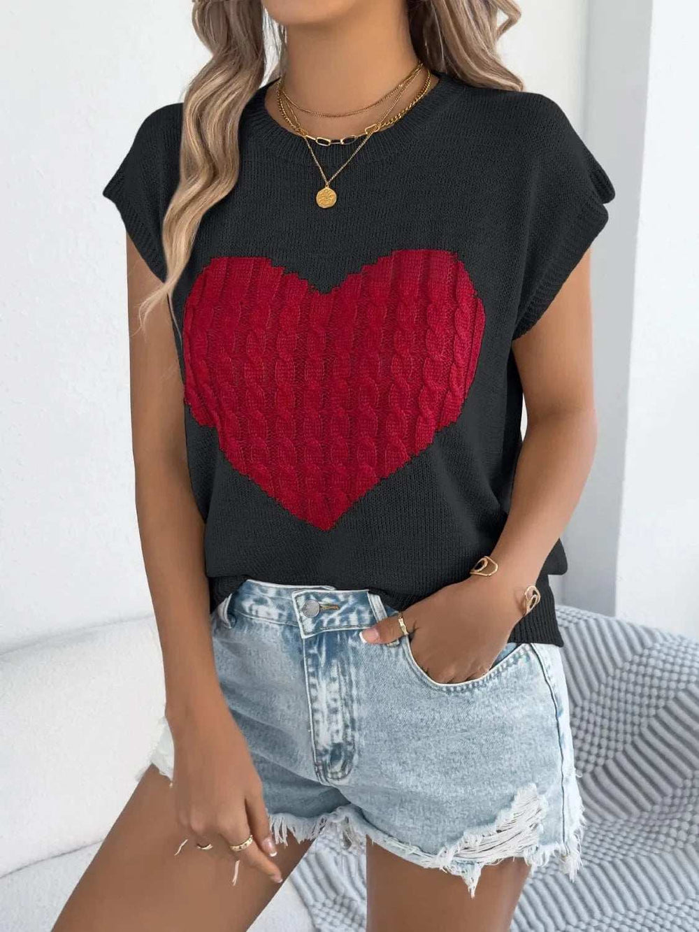 Cable Knit Heart Round Neck Cap Sleeve Knit Top - Trendsi - Flyclothing LLC