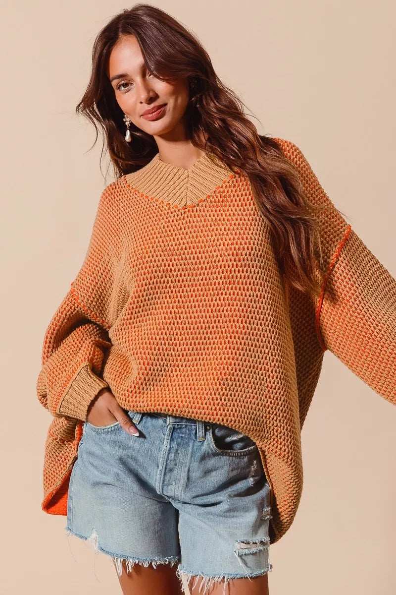 SO ME Oversized Two Tone Textured V Neck Sweater - Trendsi - Flyclothing LLC