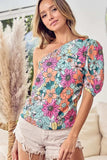 BiBi Floral Puff Sleeve One Shoulder Top - Trendsi - Flyclothing LLC