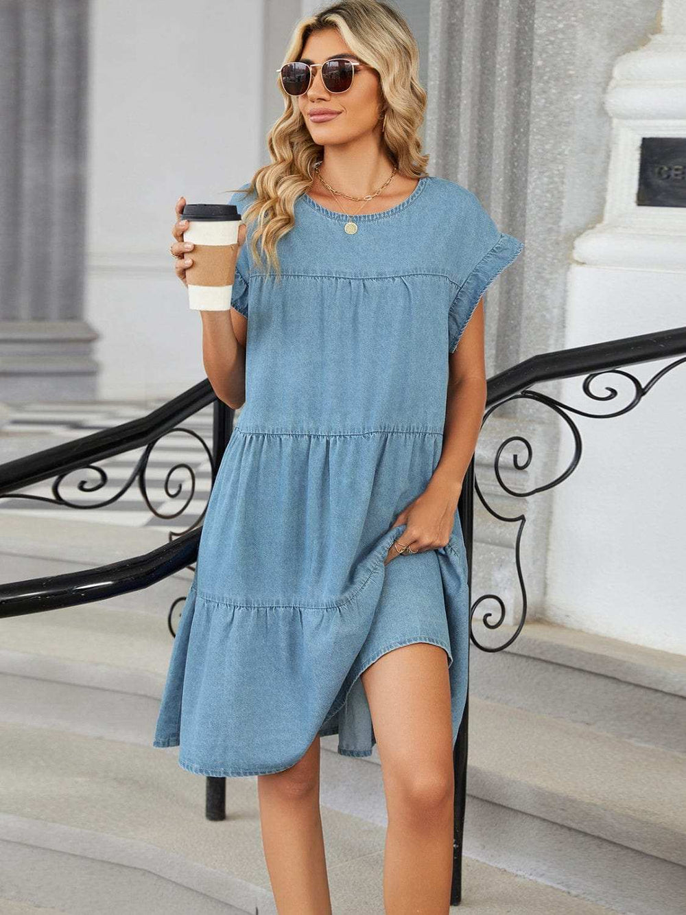 Tiered Round Neck Short Sleeve Denim Dress - Trendsi - Flyclothing LLC