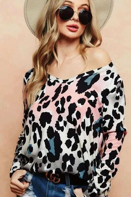 BiBi Gradation Leopard Print Soft Knit Deep U Neck Top - Trendsi - Flyclothing LLC