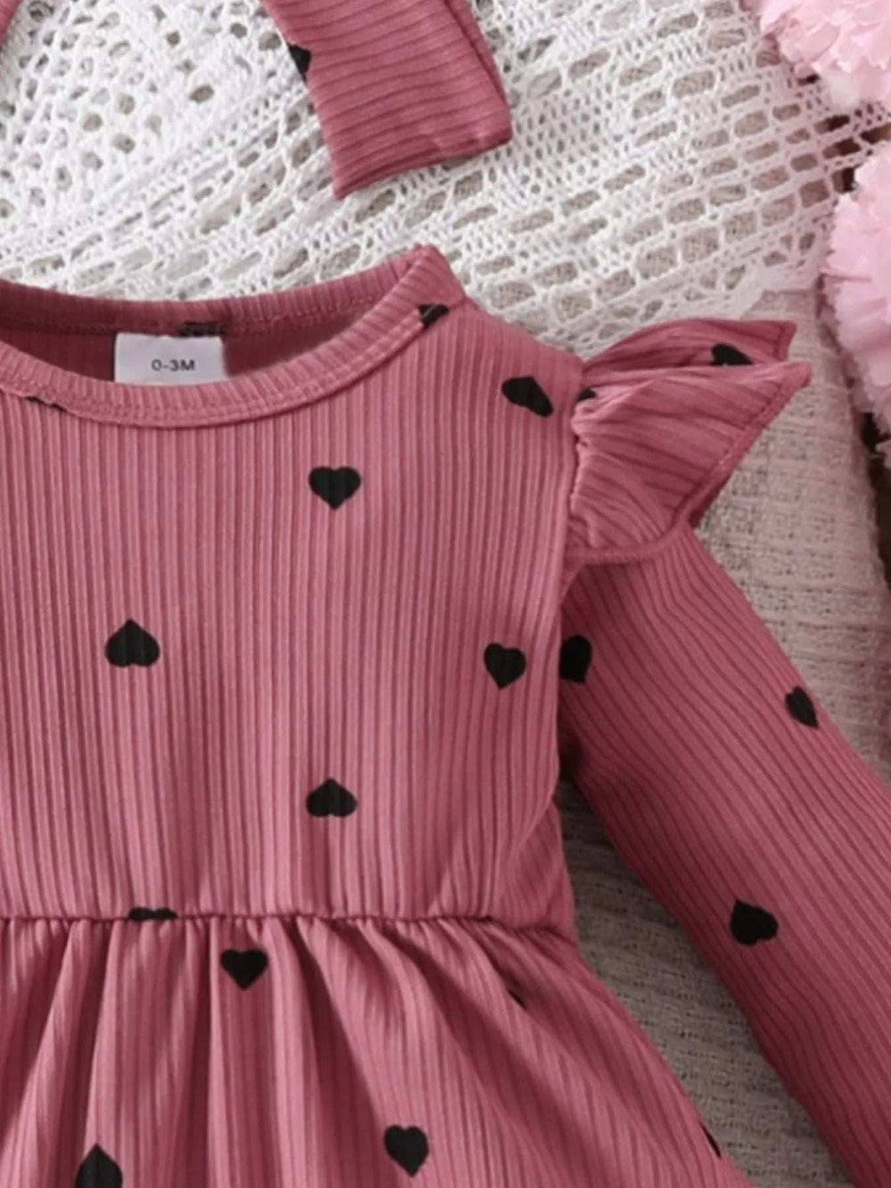 Children's Heart Print Ruffle Trim Bodysuit Dress with Headband - Trendsi - Flyclothing LLC