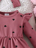 Children's Heart Print Ruffle Trim Bodysuit Dress with Headband - Trendsi - Flyclothing LLC