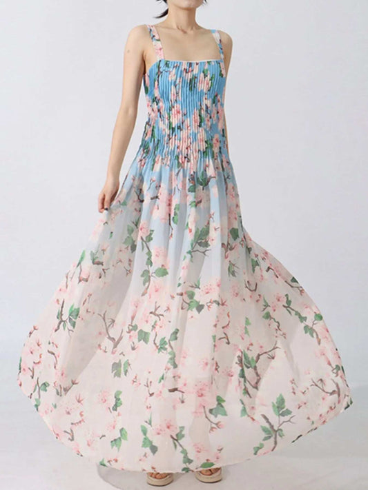 Floral Print Pleated Maxi Dress - Trendsi - Flyclothing LLC