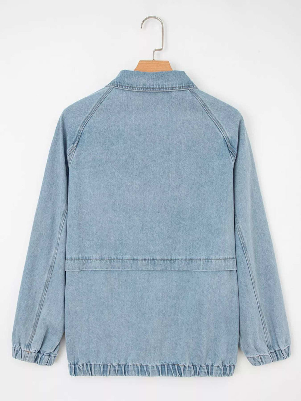 Elastic Edge Collared Zip Up Denim Jacket With Pocket - Trendsi - Flyclothing LLC