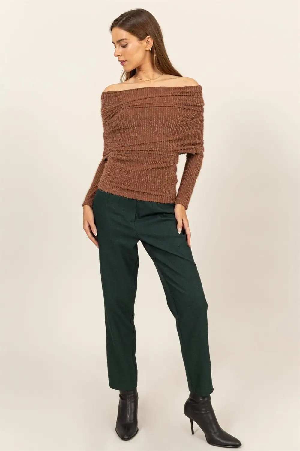 HYFVE Fuzzy Off Shoulder Textured Knit Top - Trendsi - Flyclothing LLC