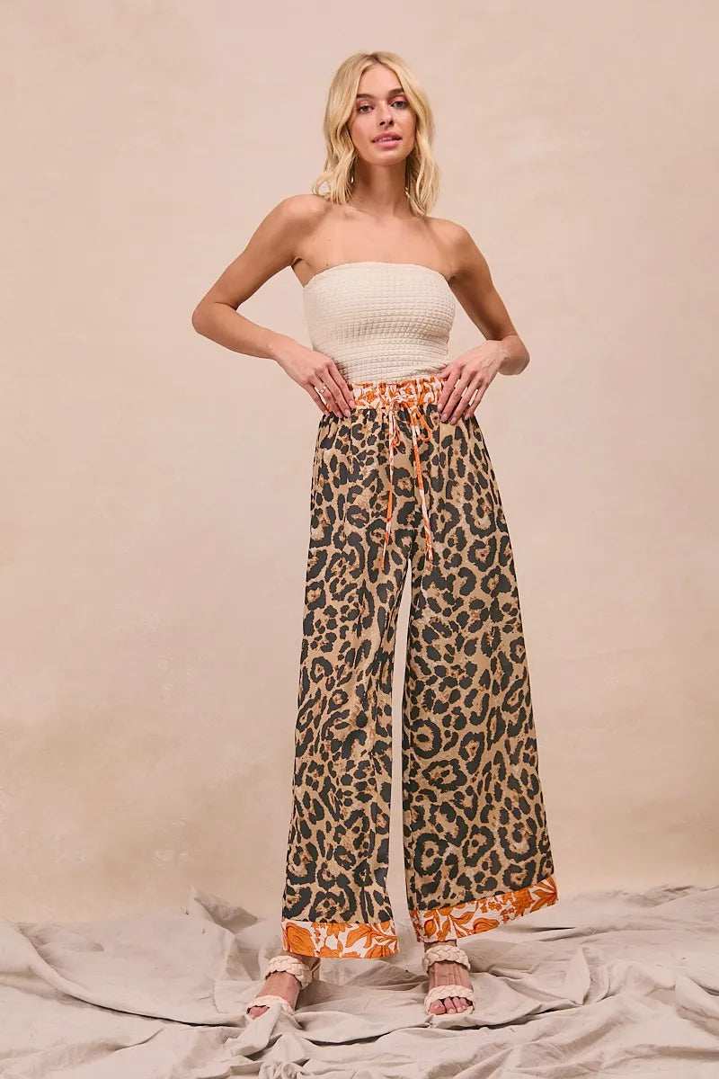BiBi Leopard Print With Contrast Banded Wide Pants - Trendsi - Flyclothing LLC