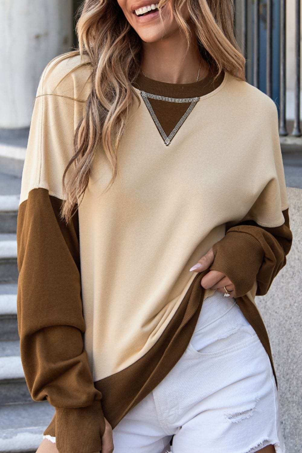 Color Block Round Neck Long Sleeve Sweatshirt - Trendsi - Flyclothing LLC