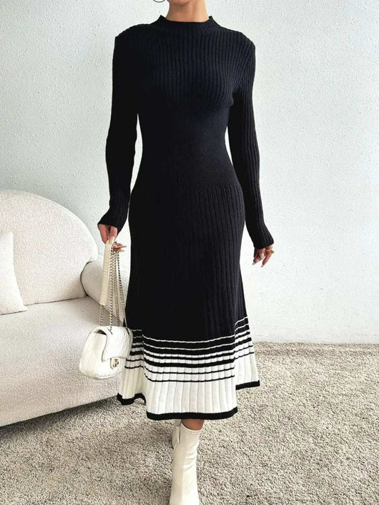 Contrast Mock Neck Long Sleeve Sweater Dress - Trendsi - Flyclothing LLC