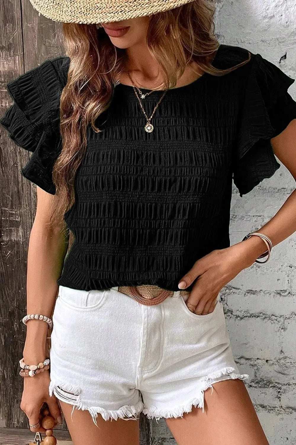 Round Neck Ruffled Layered Short Sleeve Blouse - Trendsi - Flyclothing LLC