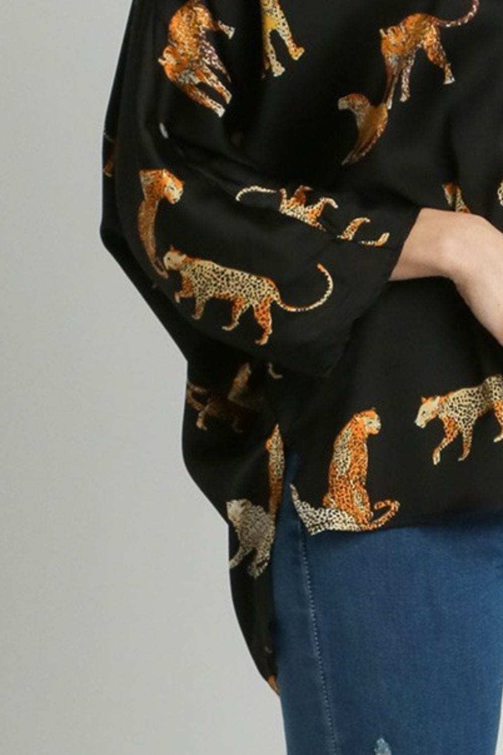 Umgee Full Size High-Low Satin Animal Print V-Neck Blouse Plus Size - Trendsi - Flyclothing LLC