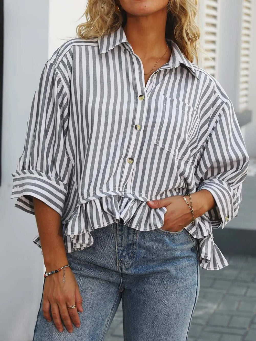 Striped Ruffle Hem Button-Up Shirt - Trendsi - Flyclothing LLC