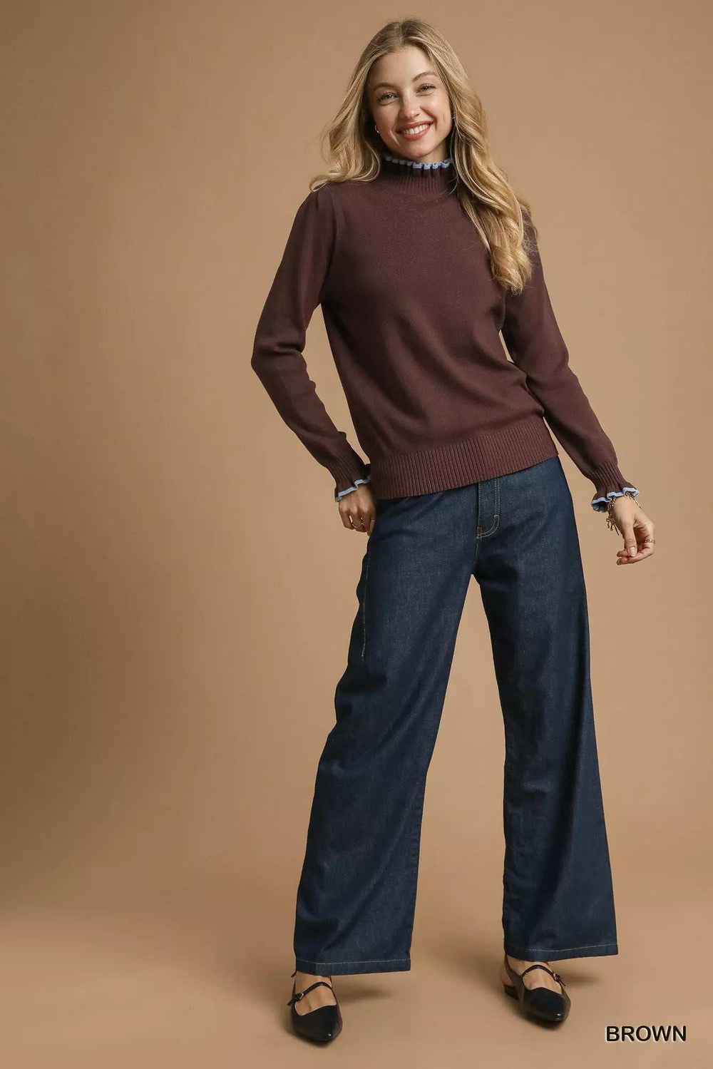 Umgee Ribbed Round Neck Sweater with Ruffle Contrast Trim - Trendsi - Flyclothing LLC