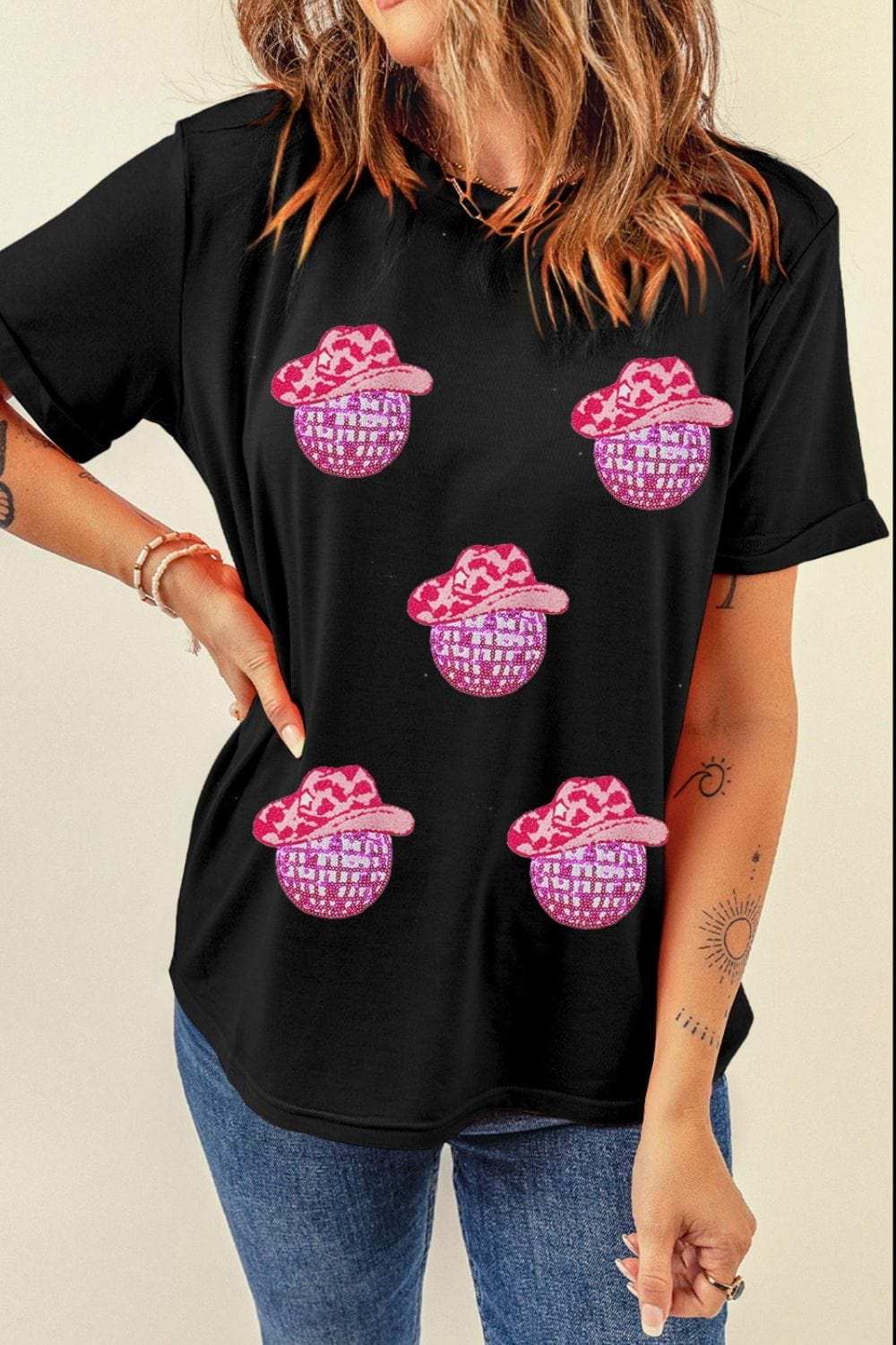 Cowboy Hat Disco Ball Patched Round Neck T-Shirt - Trendsi - Flyclothing LLC
