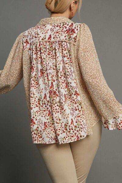 Umgee Full Size Mixed Print Metallic Detail Long Ruffle Sleeve Button Down Shirt Plus Size - Trendsi - Flyclothing LLC