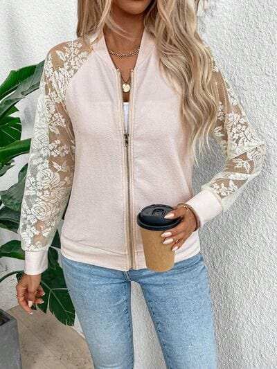 Lace Baseball Collar Zip Up Jacket - Trendsi - Flyclothing LLC