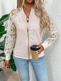Lace Baseball Collar Zip Up Jacket - Trendsi - Flyclothing LLC