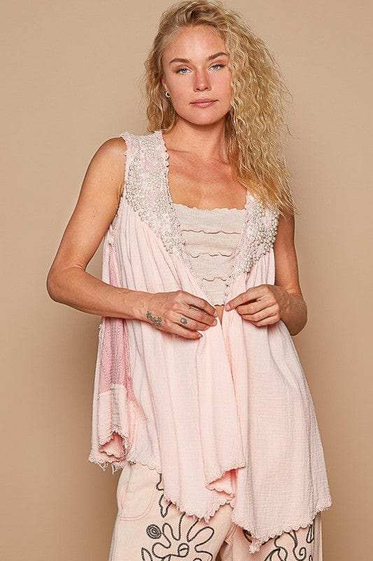 POL Embroidered Pearls Open Front Sleeveless Cardigan - Trendsi - Flyclothing LLC