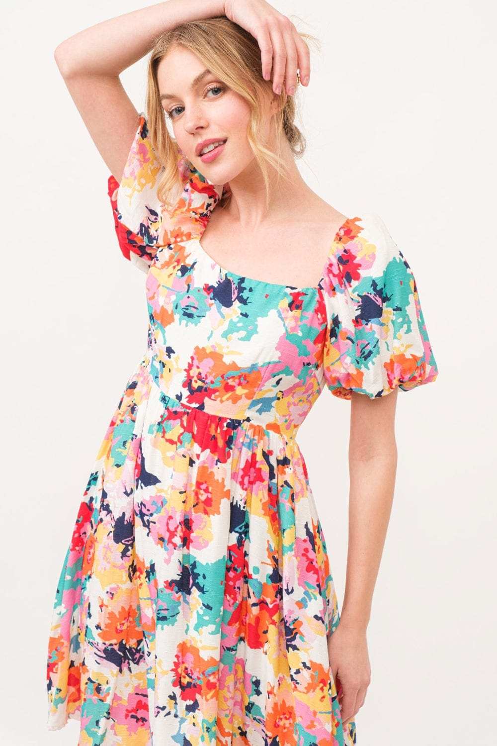 And The Why Square Neck Puff Sleeve Floral Dress - Trendsi - Flyclothing LLC