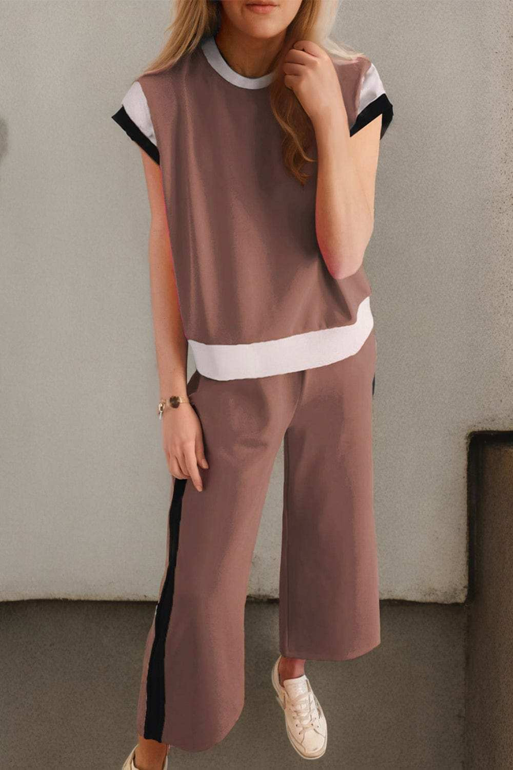 Contrast Round Neck Top and Pants Set - Trendsi - Flyclothing LLC