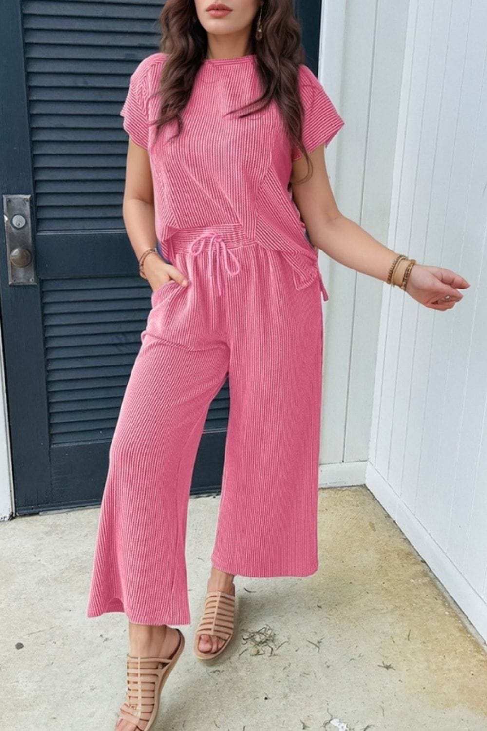 Corded Knit Short Sleeve T-Shirt and Wide Leg Pants Set - Trendsi - Flyclothing LLC