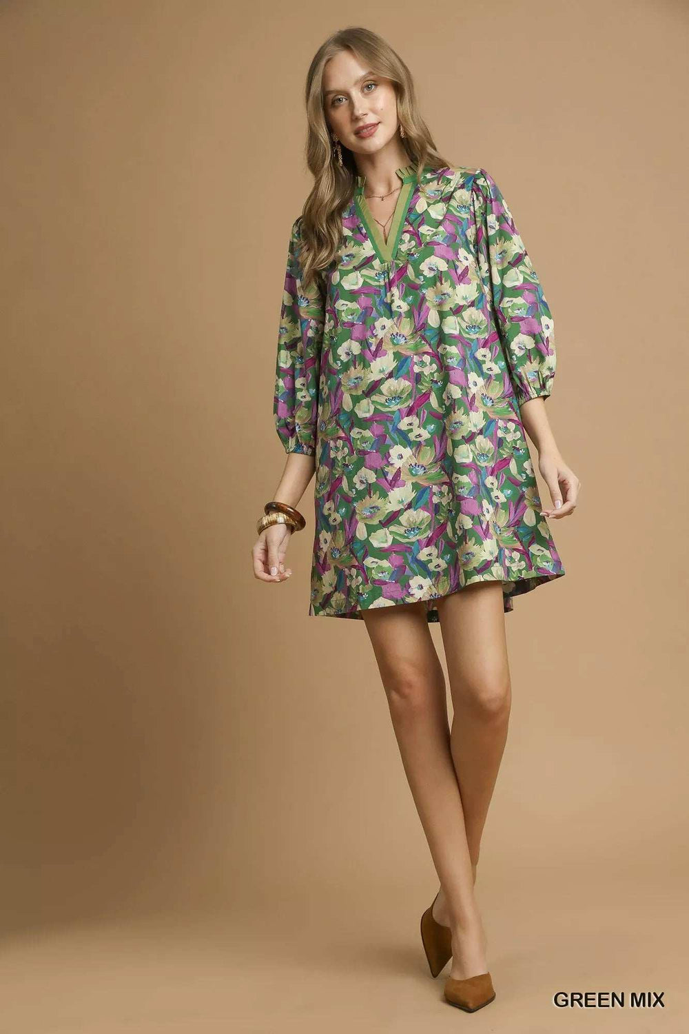 Umgee Boho Floral Balloon Sleeve Mini Dress - Trendsi - Flyclothing LLC