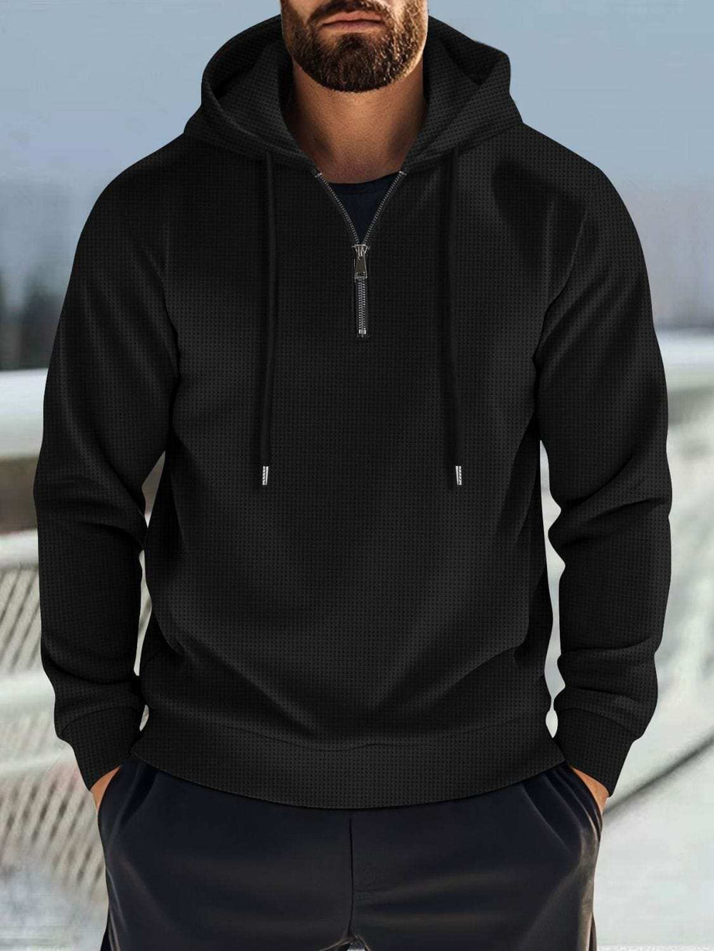 Men's Full Size Quarter Zip Long Sleeve Drawstring Hoodie Plus Size - Trendsi - Flyclothing LLC