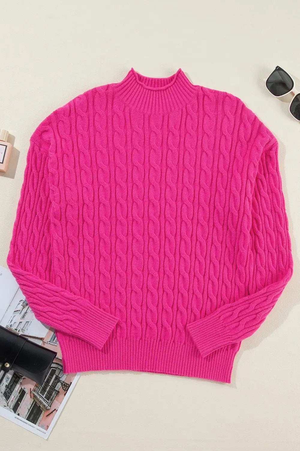 Cable-Knit Mock Neck Long Sleeve Sweater - Trendsi - Flyclothing LLC