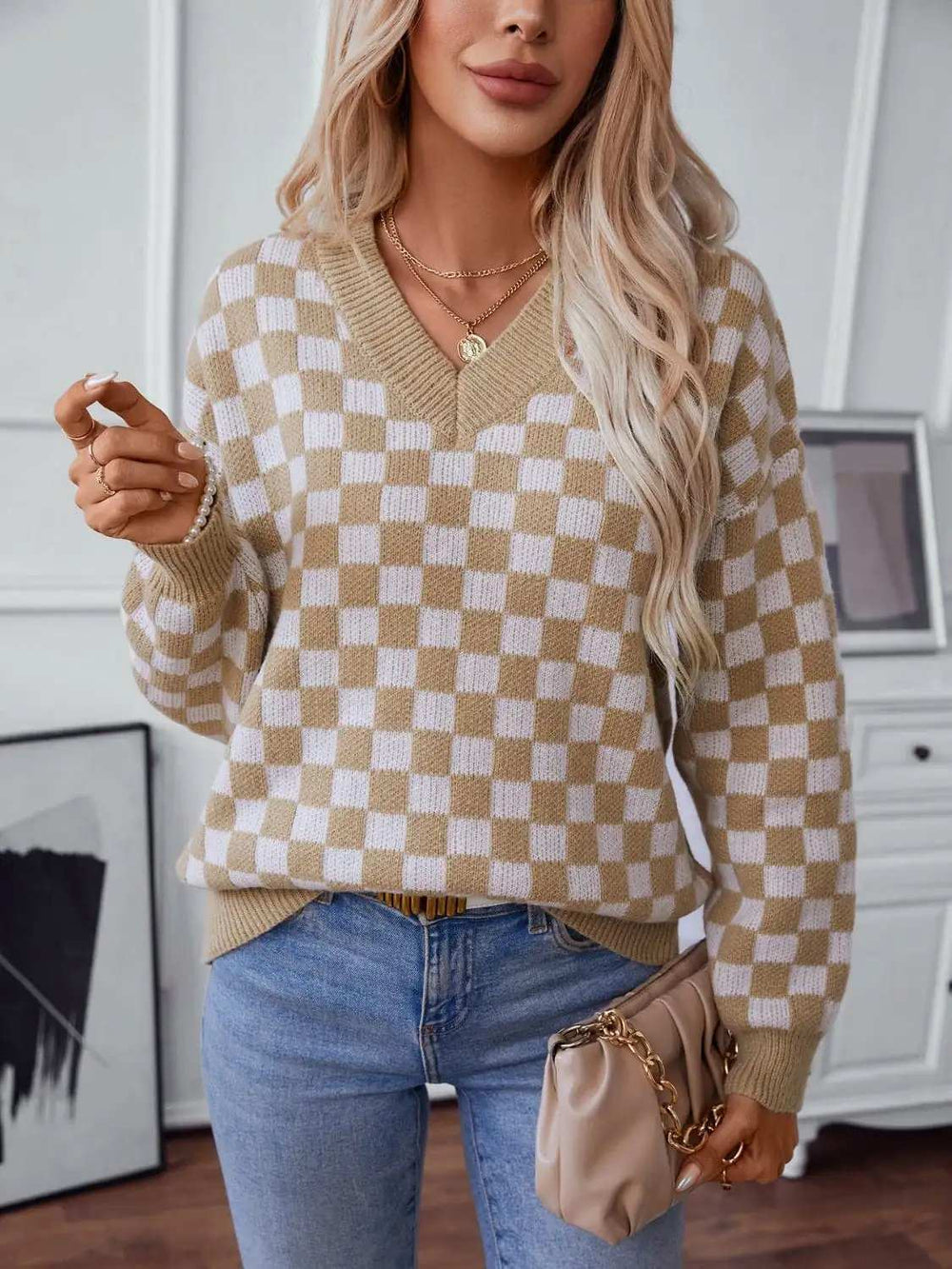 Checkered V-Neck Dropped Shoulder Sweater - Trendsi - Flyclothing LLC